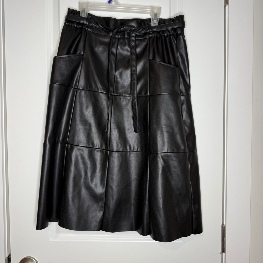 CATO Fashions Black Faux Leather Tiered Midi Skirt Belted Paperbag Waist Size S
